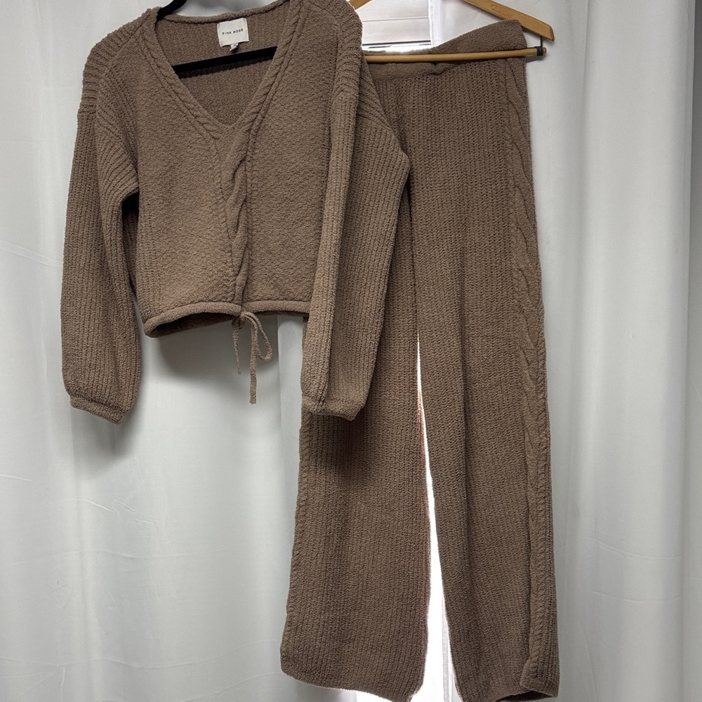 Pink Rose Tan Knit Wide Leg Pants Set